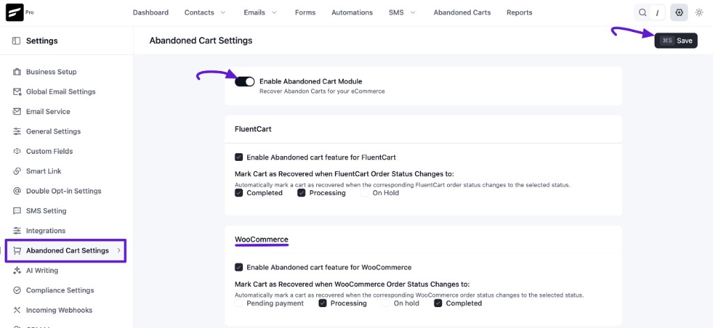 Enable Abandoned Cart module and WooCommerce abandoned cart feature