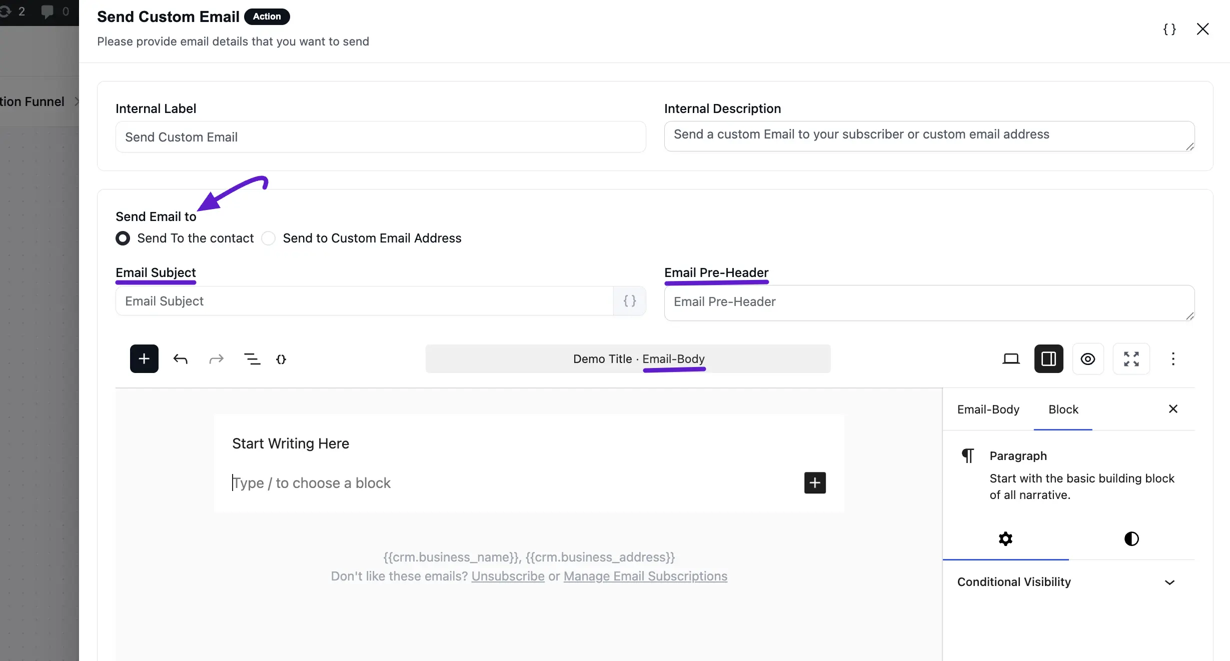 Send to the contact under send email to
