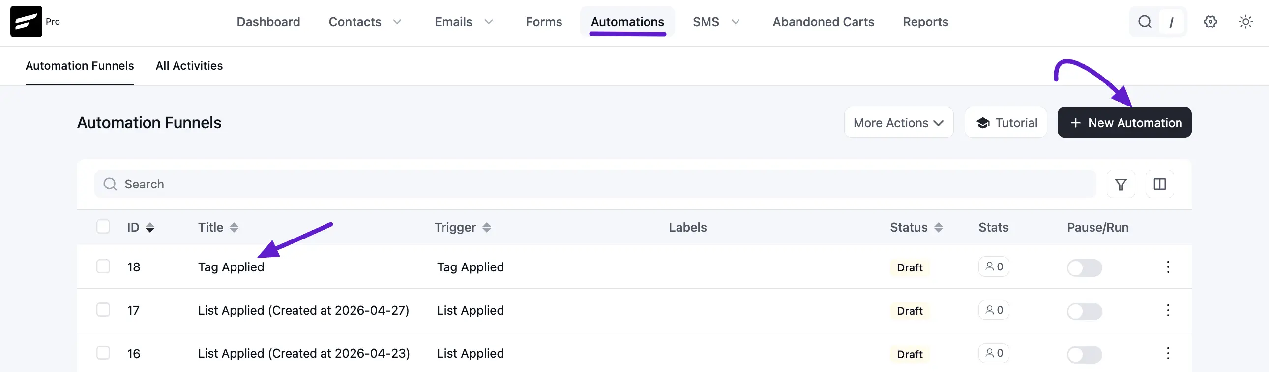Open desired automation or create new one