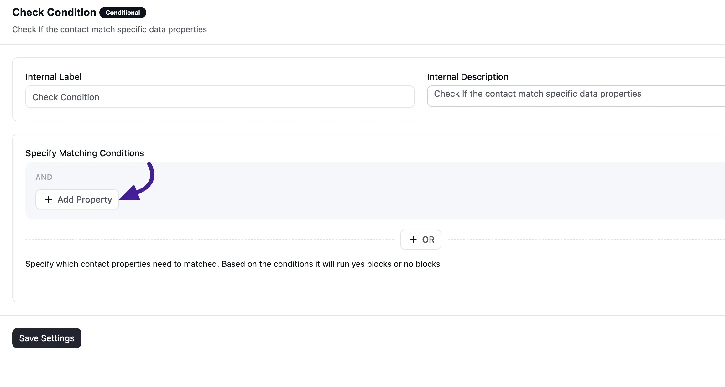 Check condition page with settings options