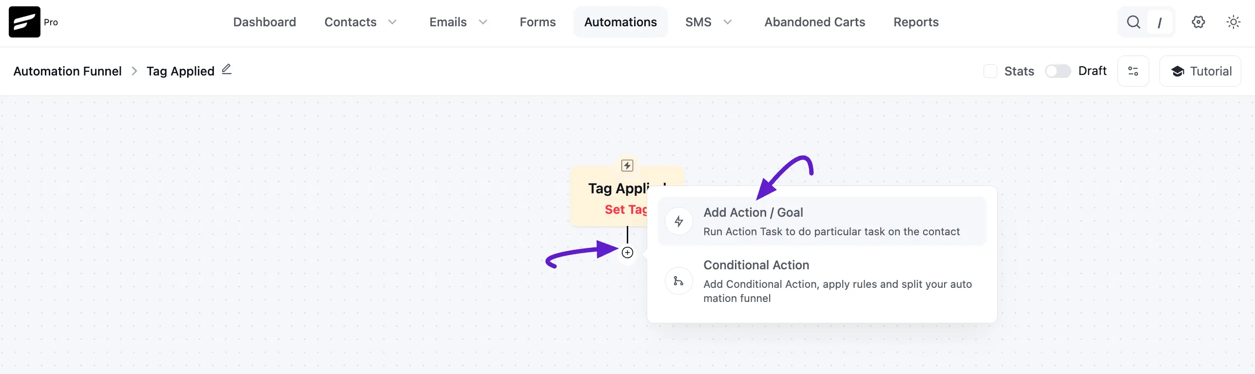 Click plus icon to add actions