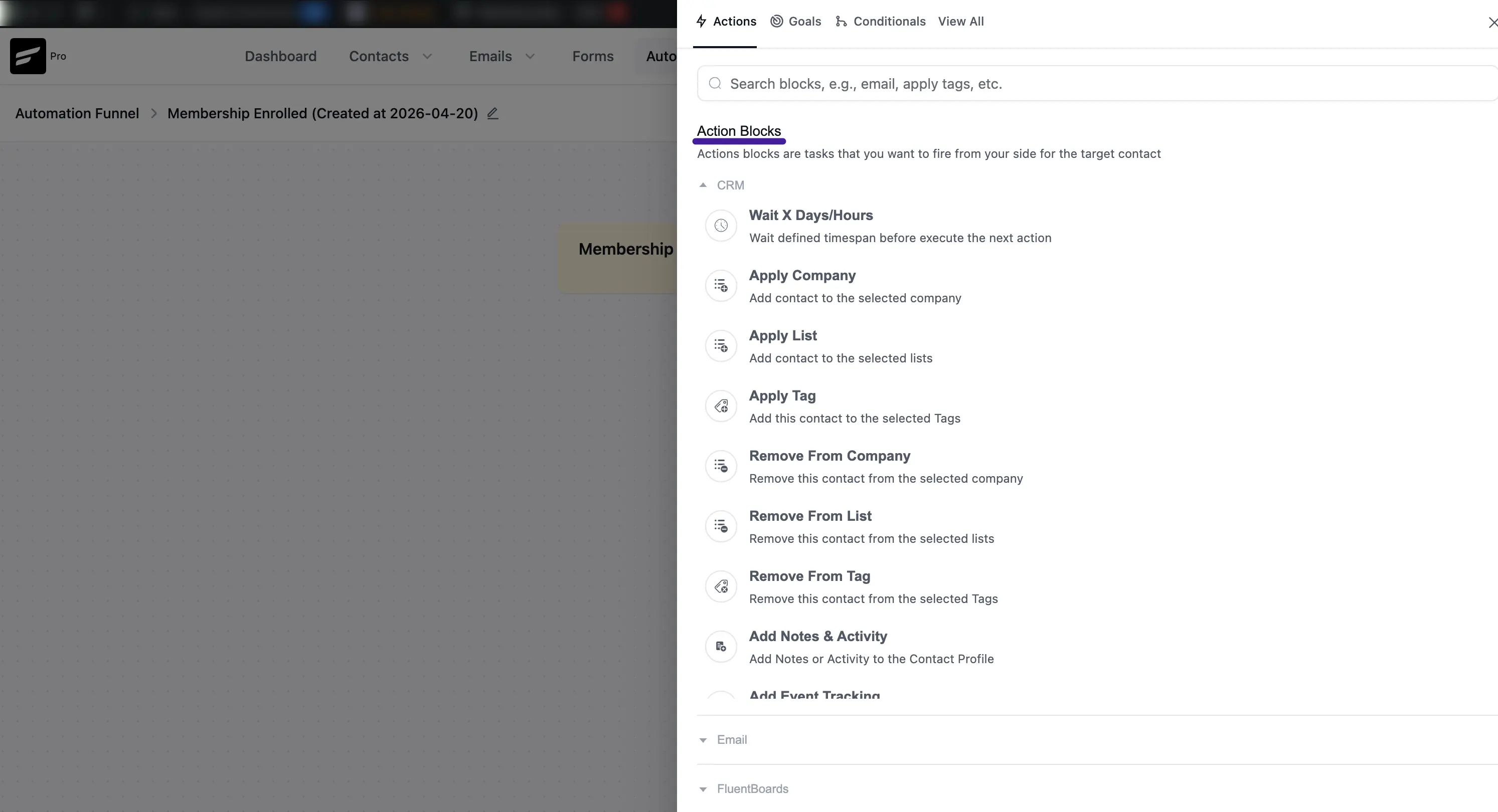 All action blocks for crm
