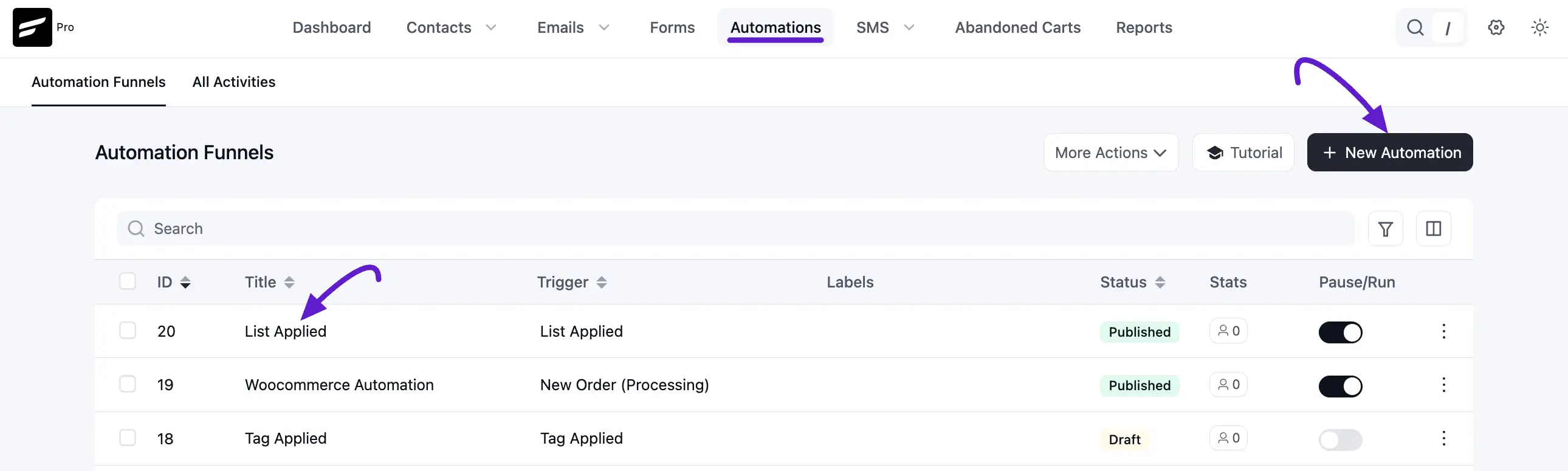 Open desired automation or create new one