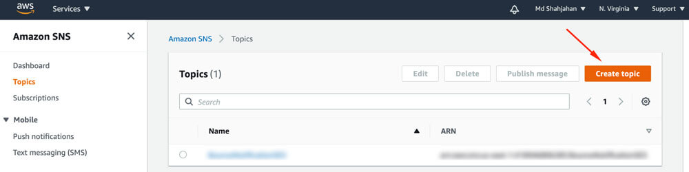 Create topic button in SNS