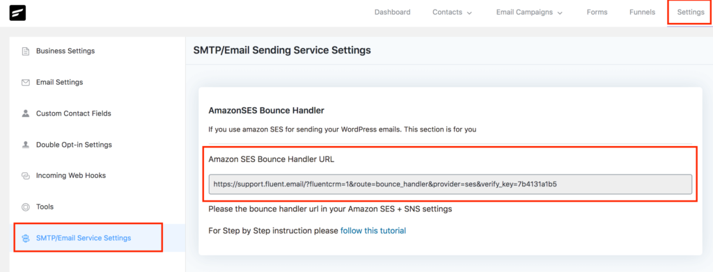 FluentCRM bounce handler URL location in settings