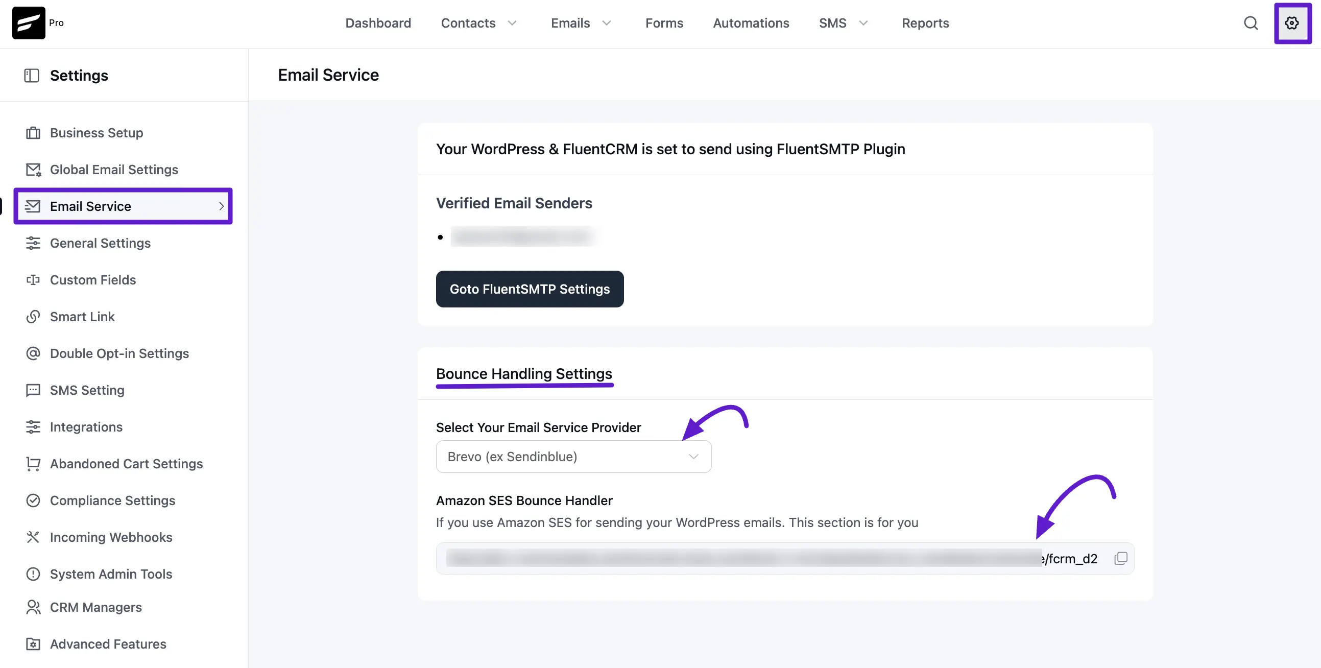 fluent crm brevo settings