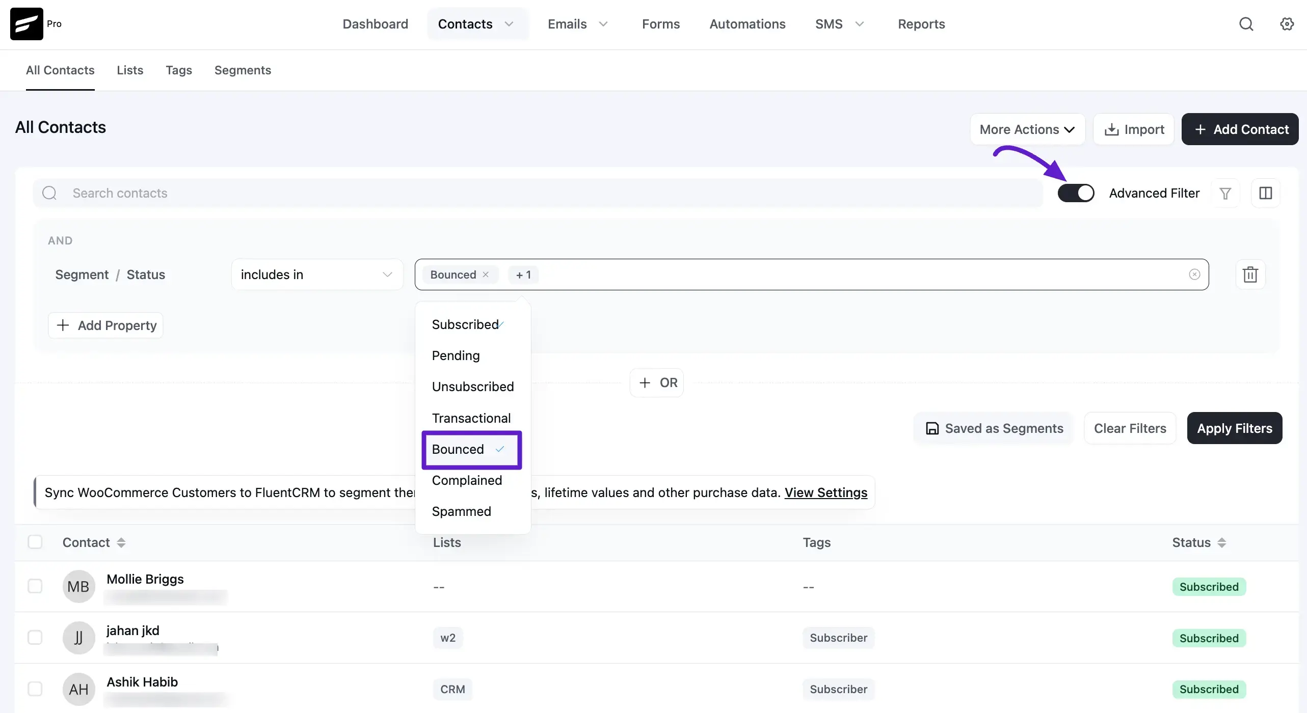 view bounced contacts in fluentcrm
