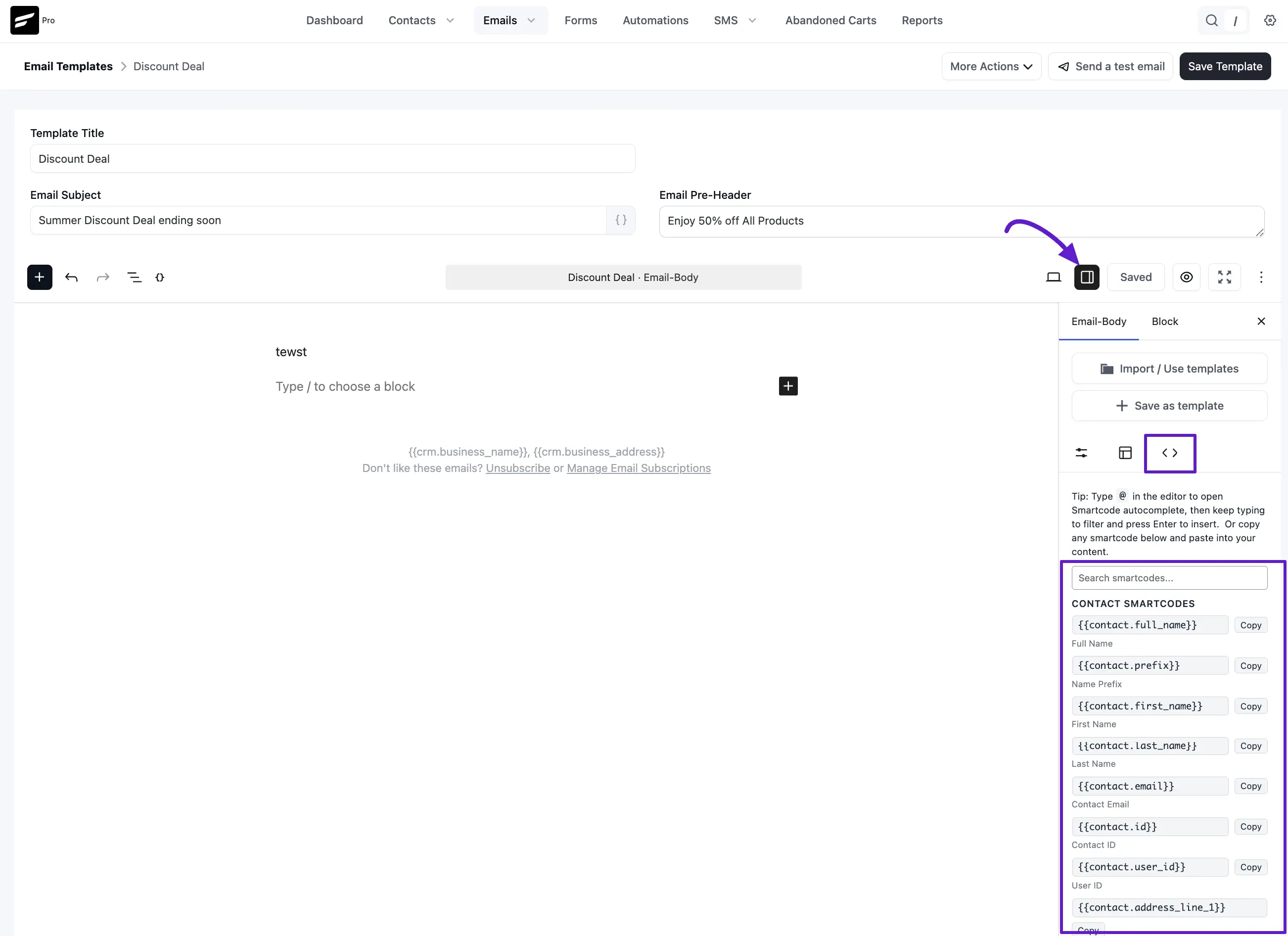 smartcodes in the email-body