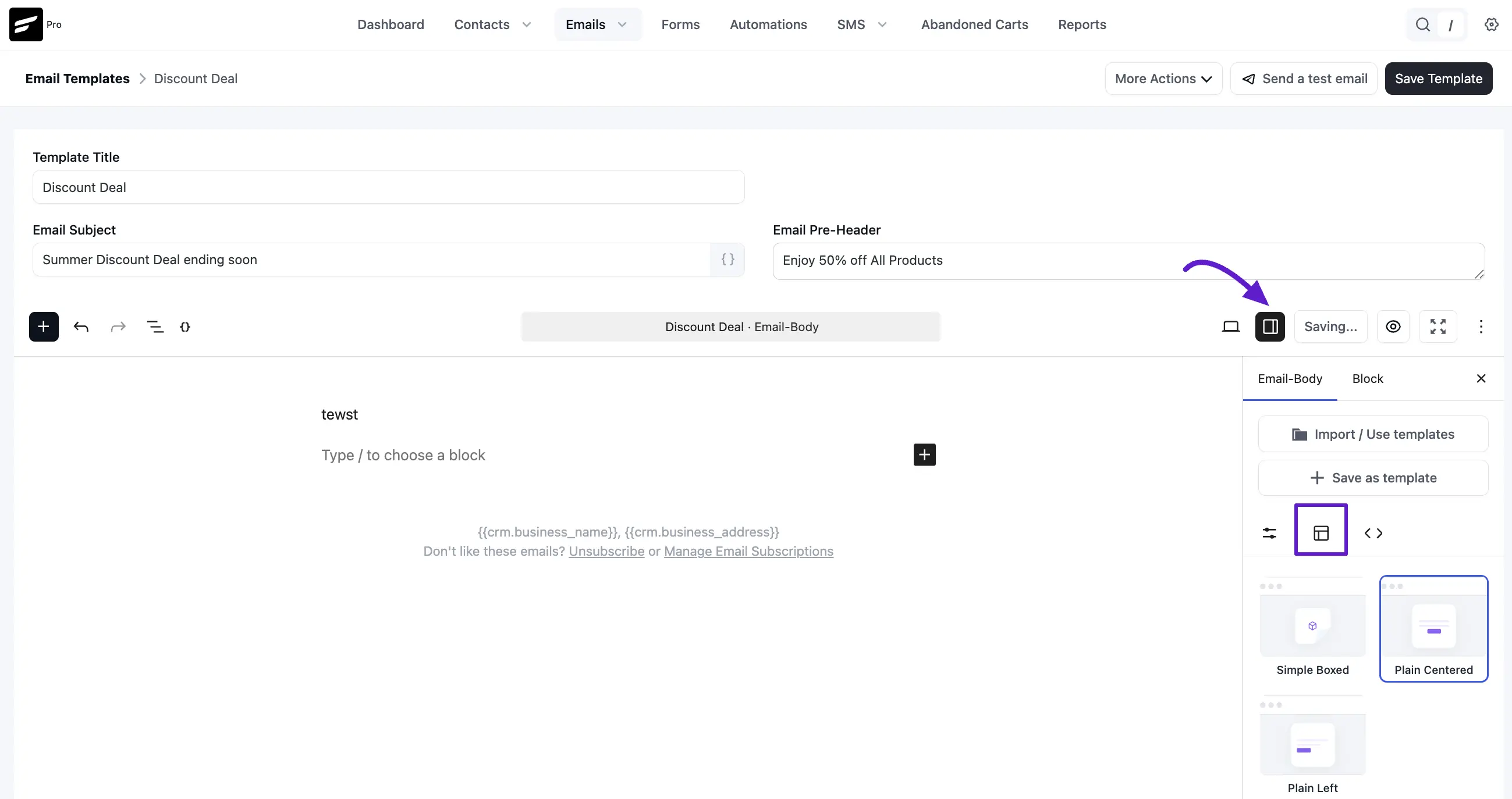 crm email editor template plain left