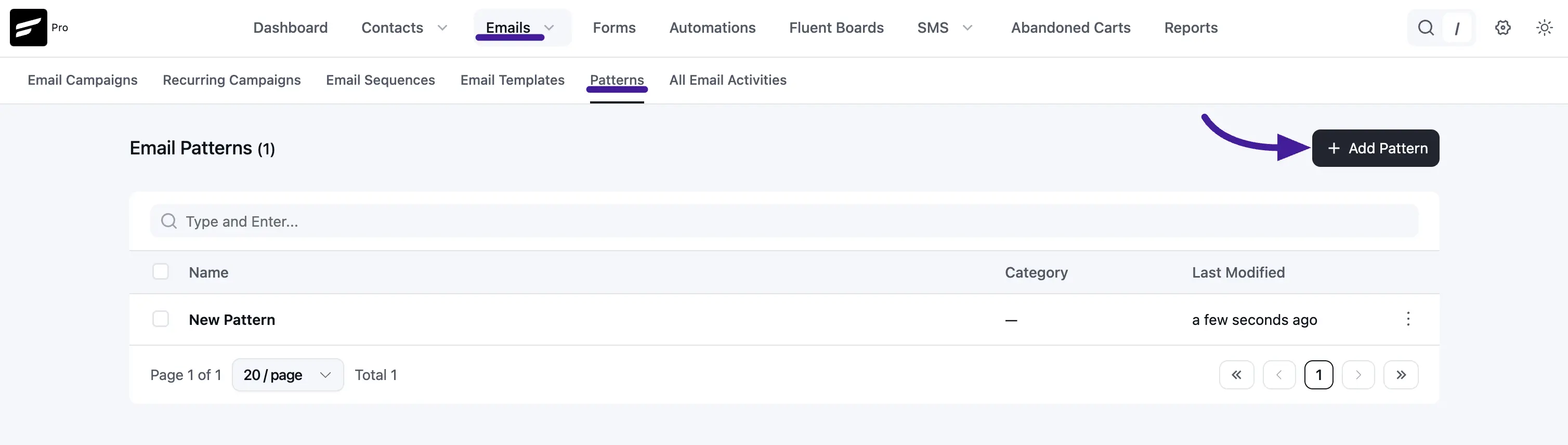 Patterns list and Add Pattern button