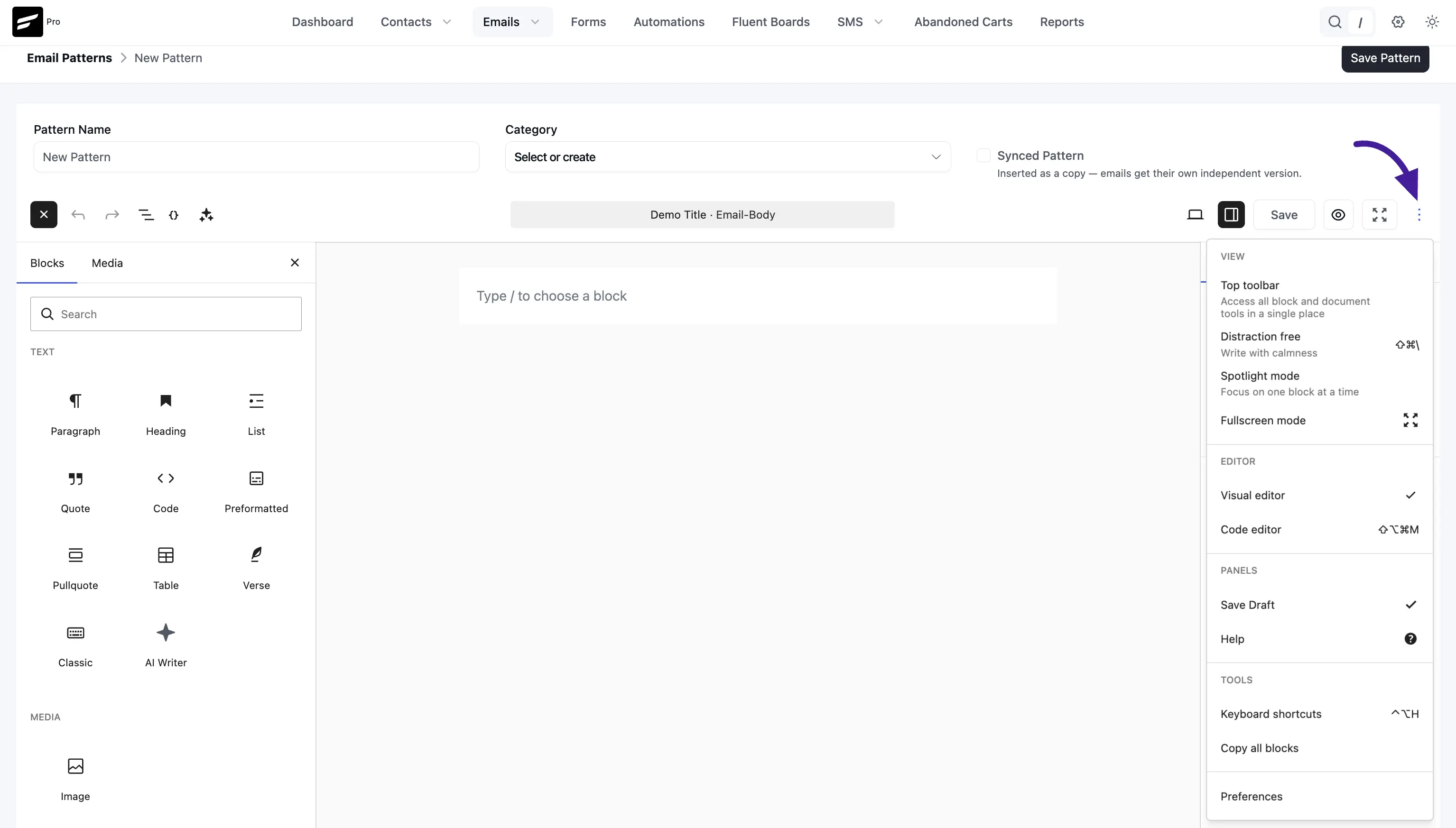 Pattern editor more options menu