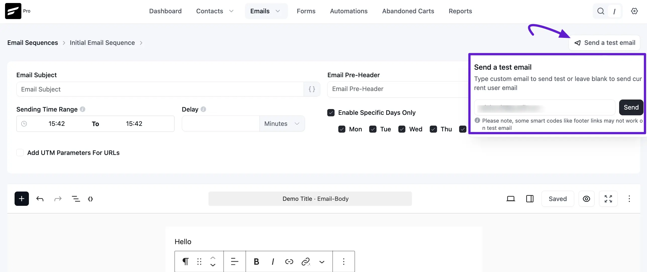 crm email sequence send test email