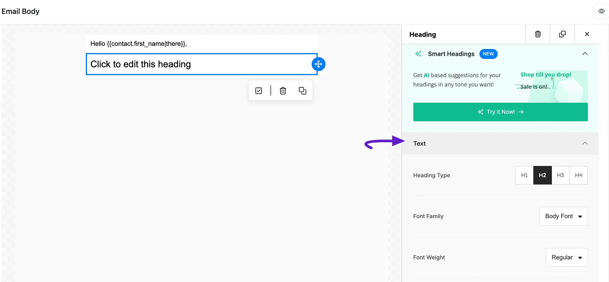 fluent crm visual builder heading text option