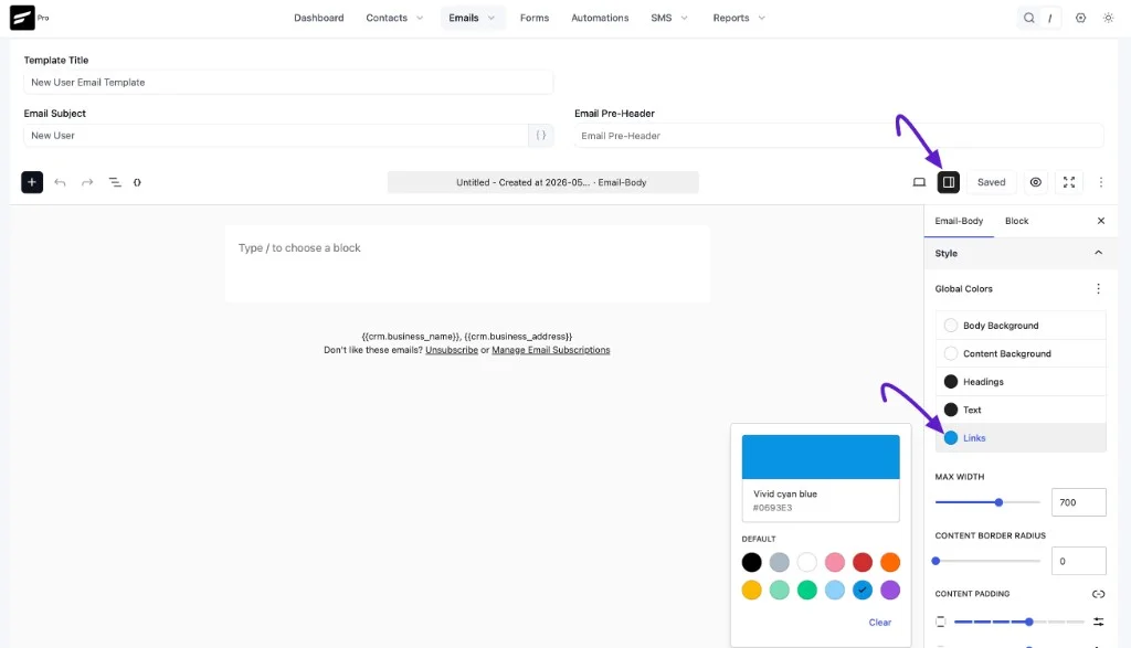 Gutenberg email editor Global Colors panel with the Links color picker open
