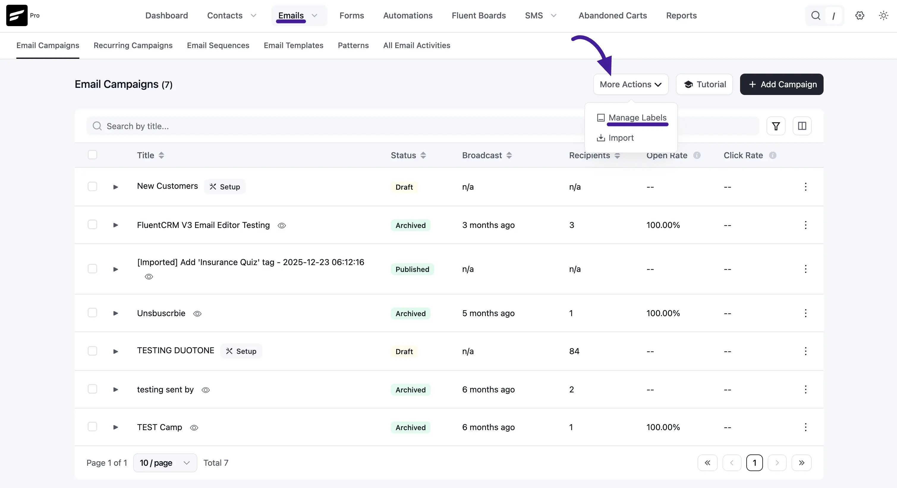 More Actions dropdown showing Manage Labels