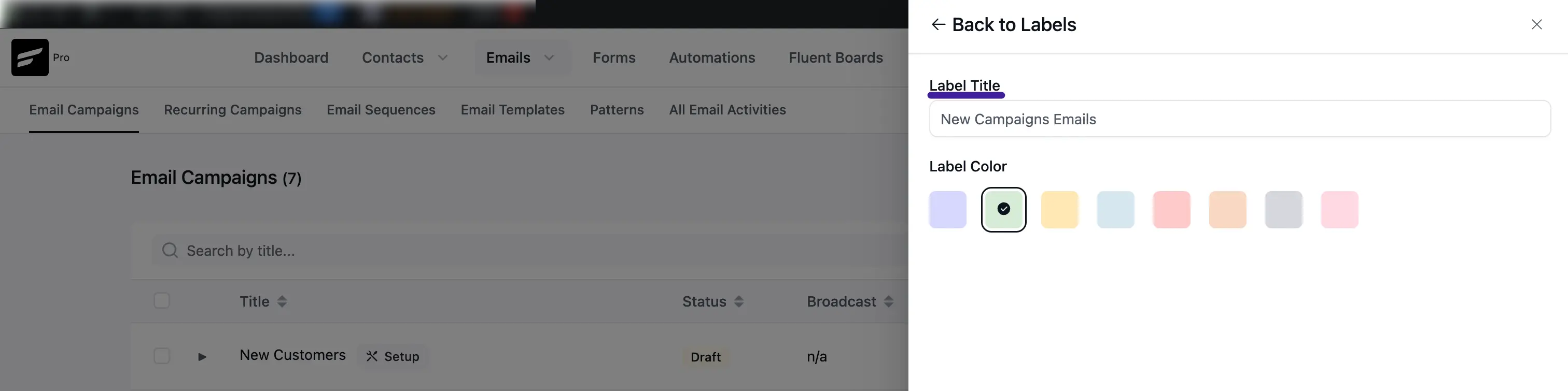 Label creation form with title and colour picker