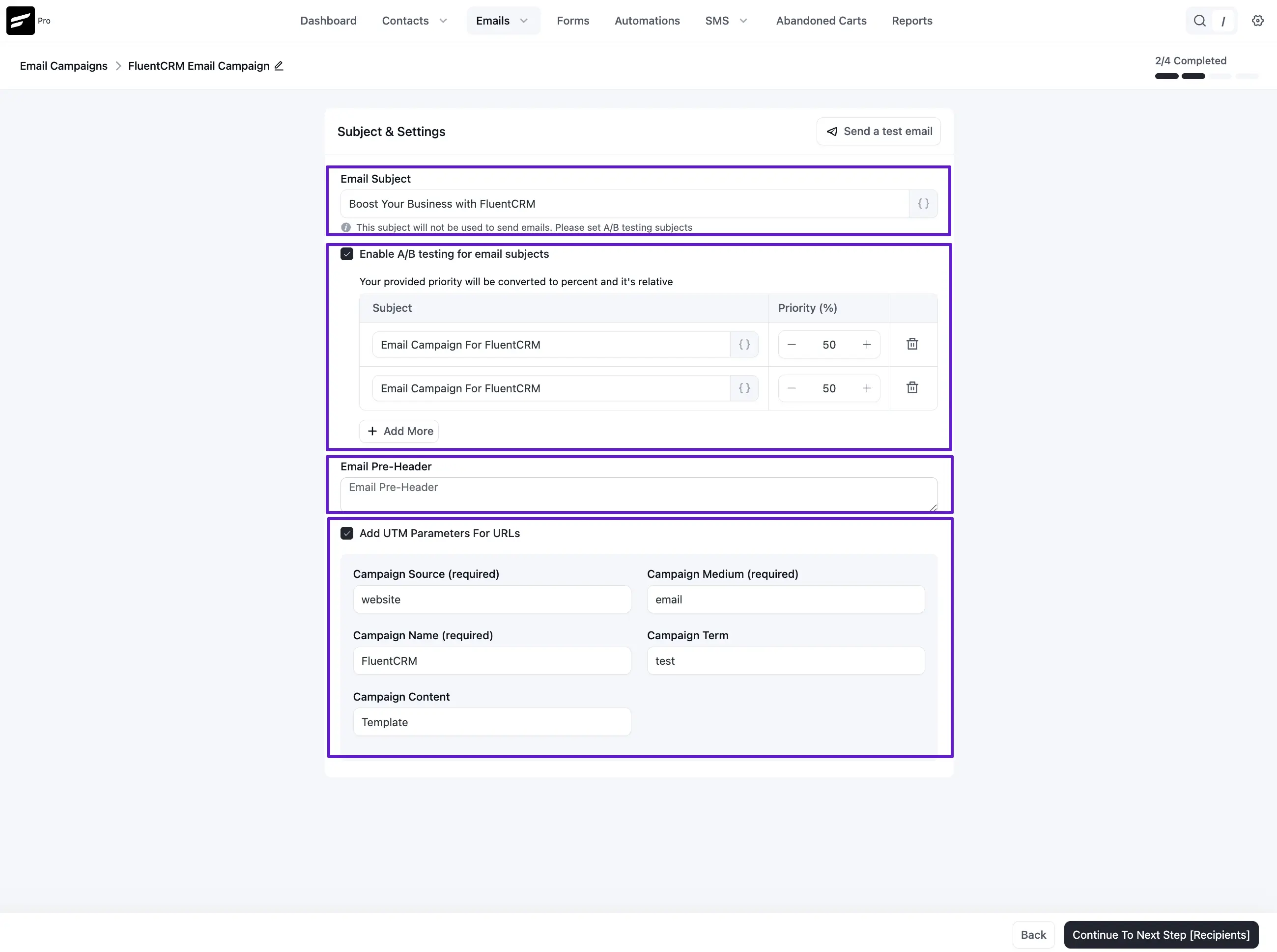 crm campaign subjectsettings