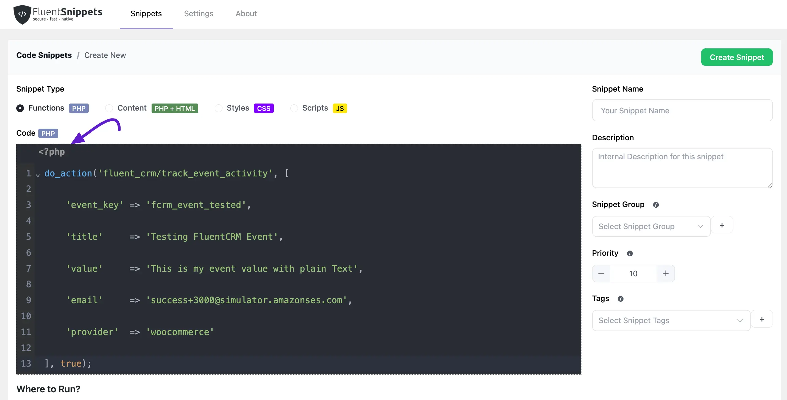 paste php code