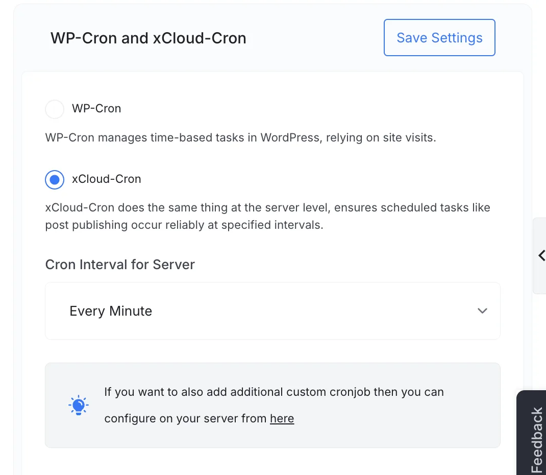 xCloud Site Settings showing the WP-Cron and xCloud-Cron panel with xCloud-Cron selected and the interval set to Every Minute