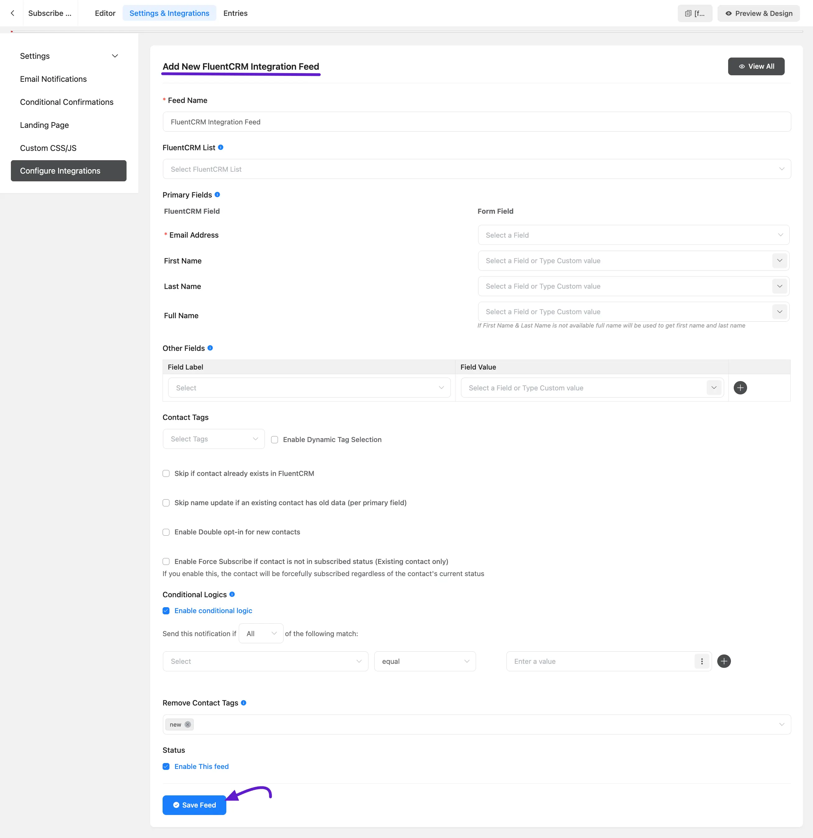 FluentCRM Integration Feed Configure