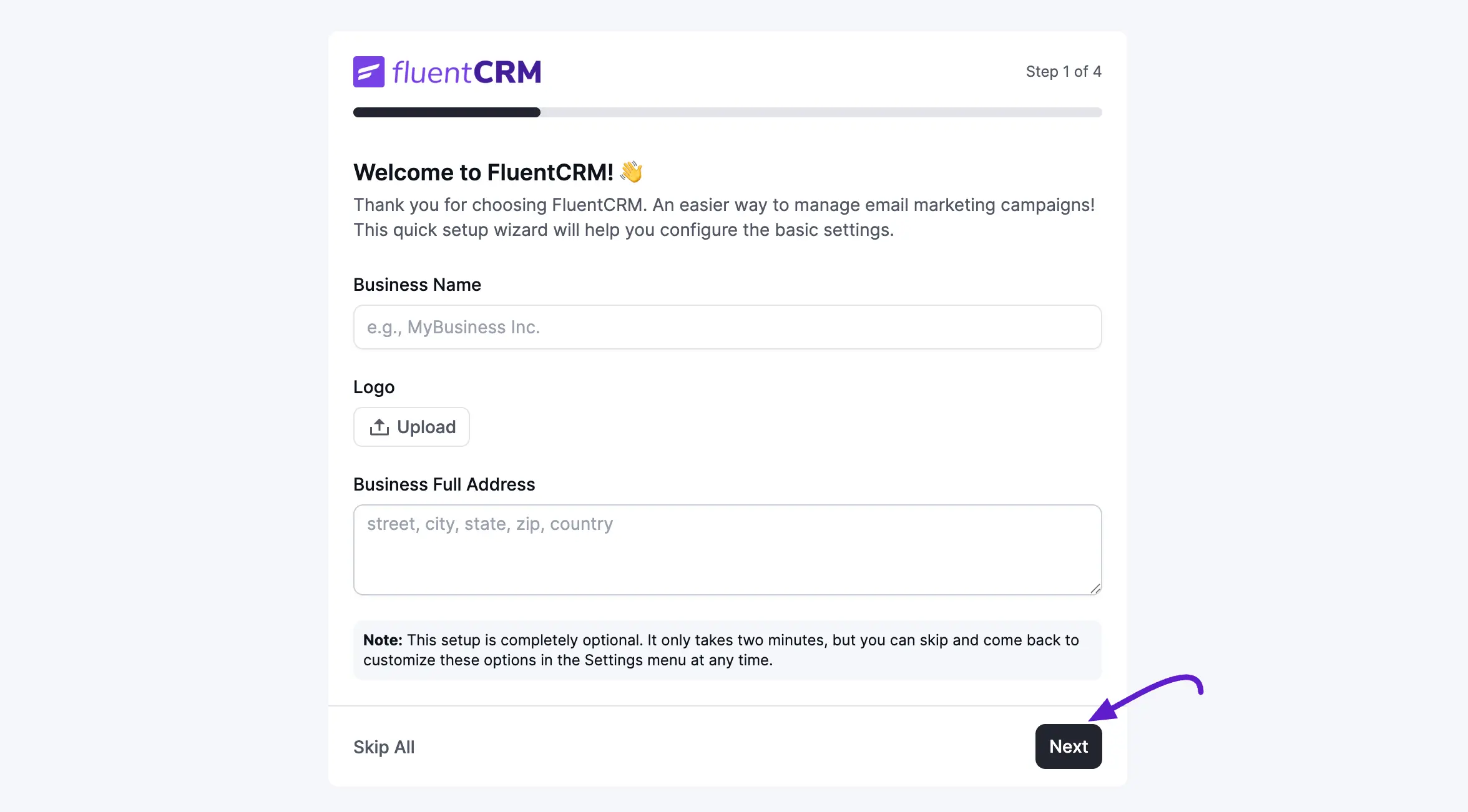FluentCRM Onboarding Wizard — Step 1, Business Profile