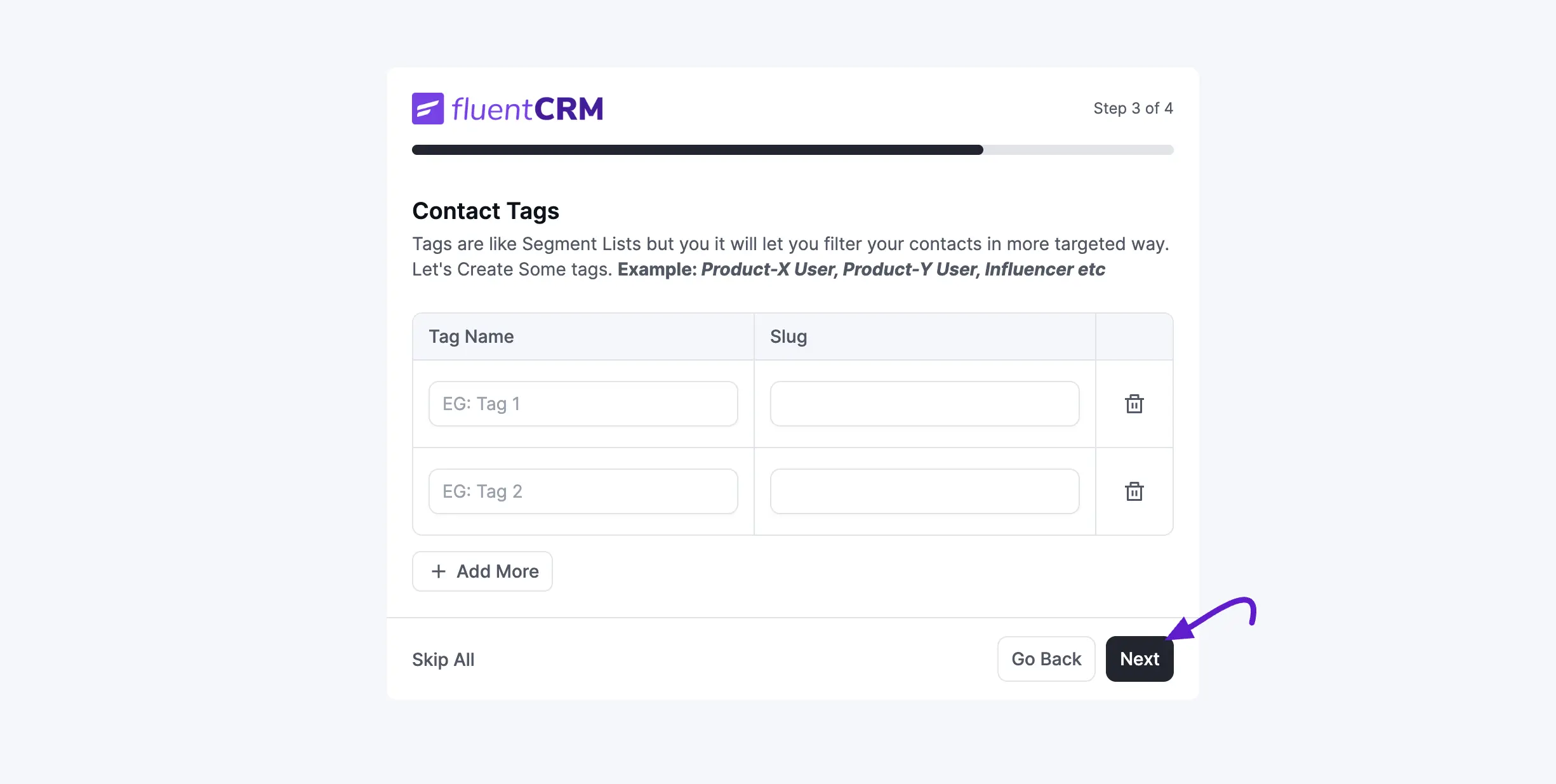 FluentCRM Onboarding Wizard — Step 3, Contact Tags