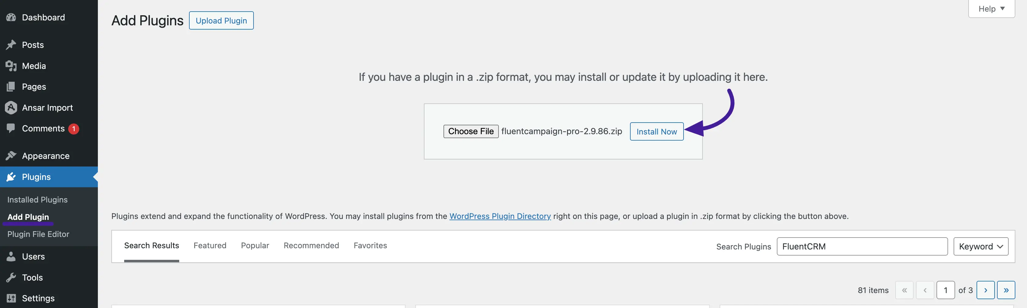 FluentCRM plugin search result in the WordPress plugin installer