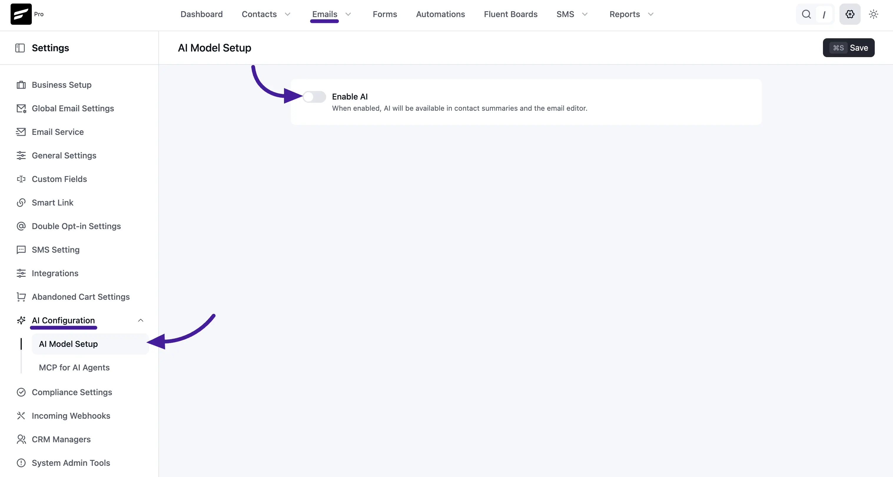 AI Model Setup page with the Enable AI toggle highlighted in the sidebar