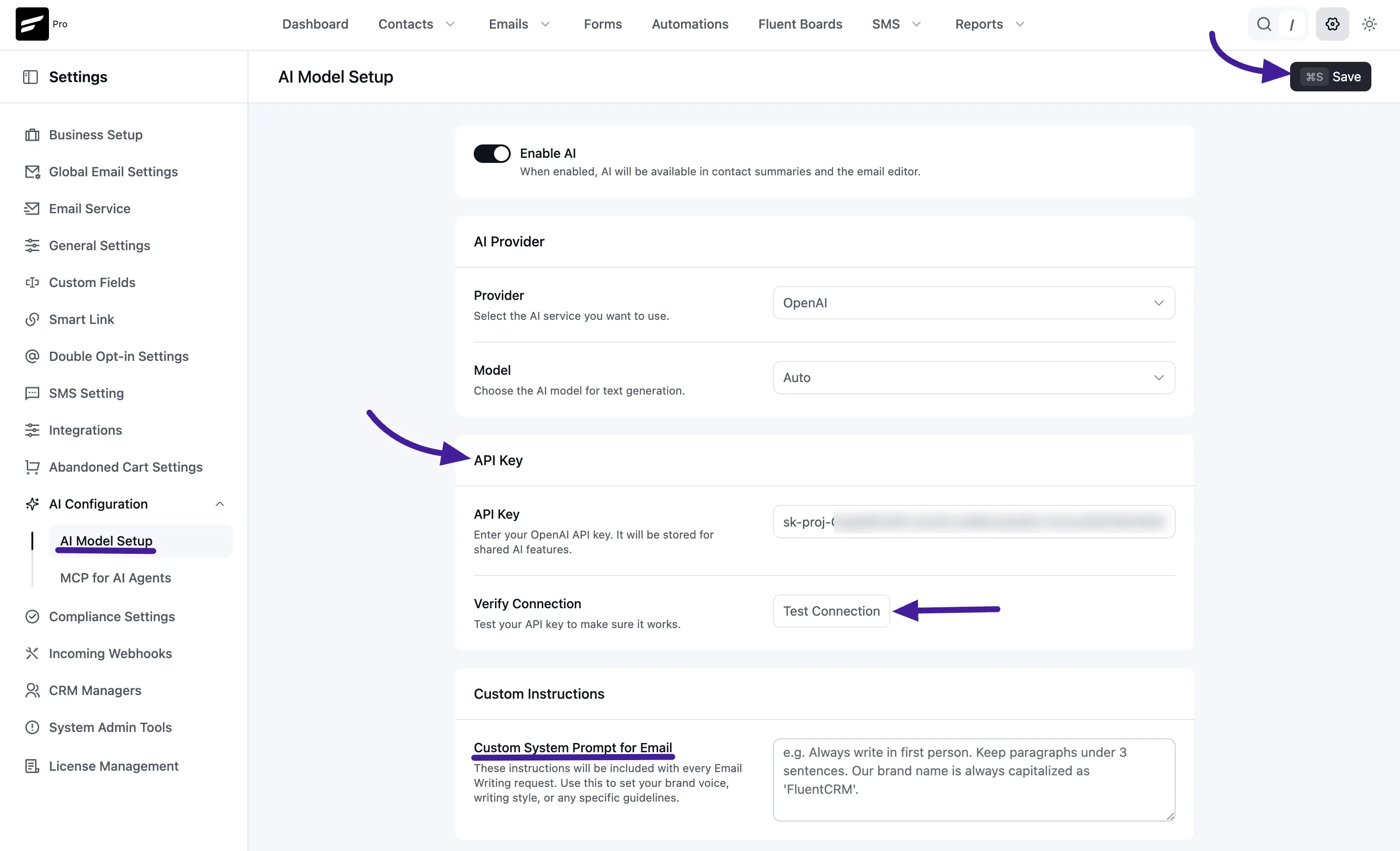 AI Model Setup page showing Provider, Model, API Key, Test Connection, and Custom System Prompt for Email
