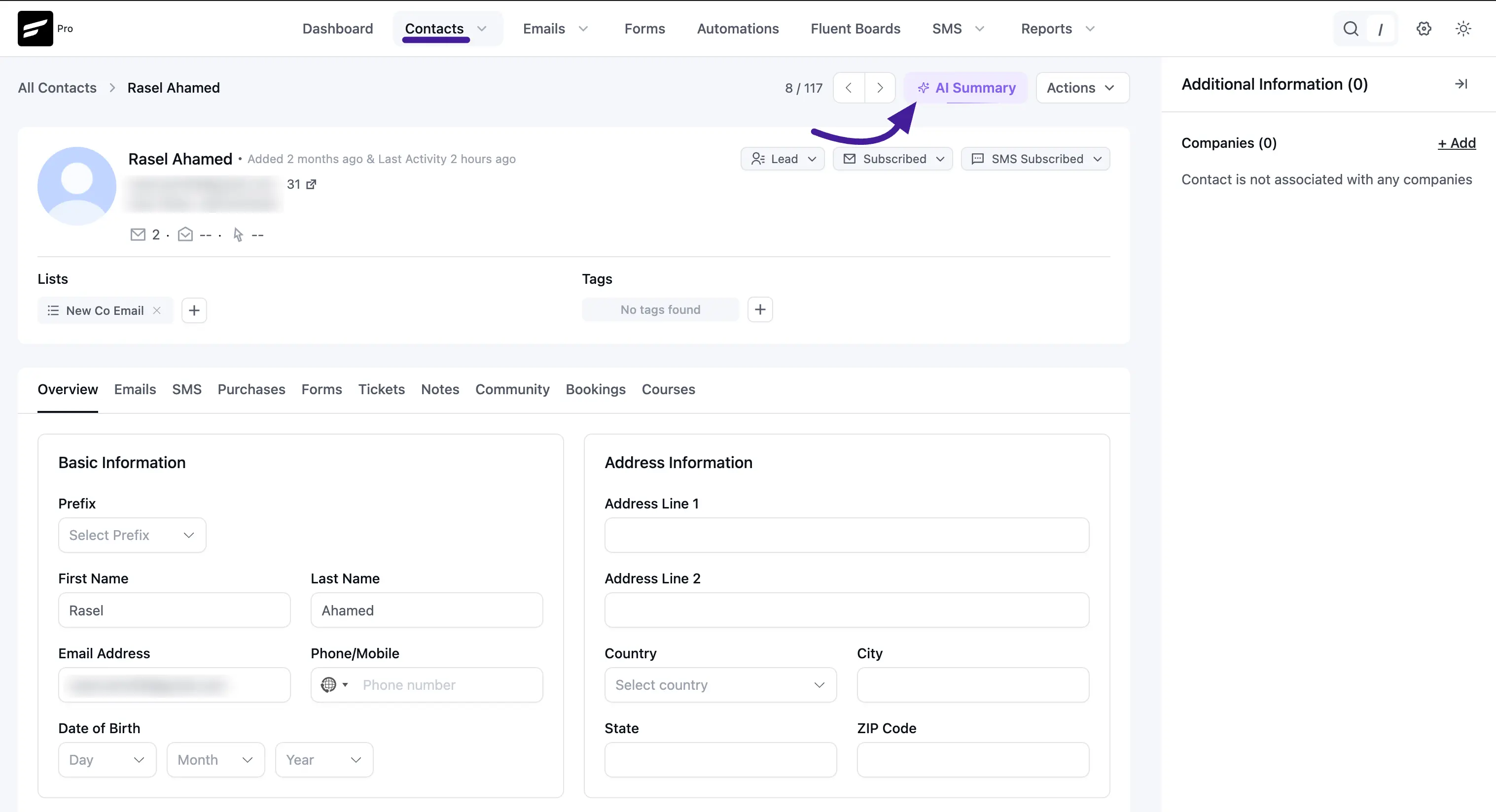 Contact profile page with the AI Summary button highlighted in the top-right