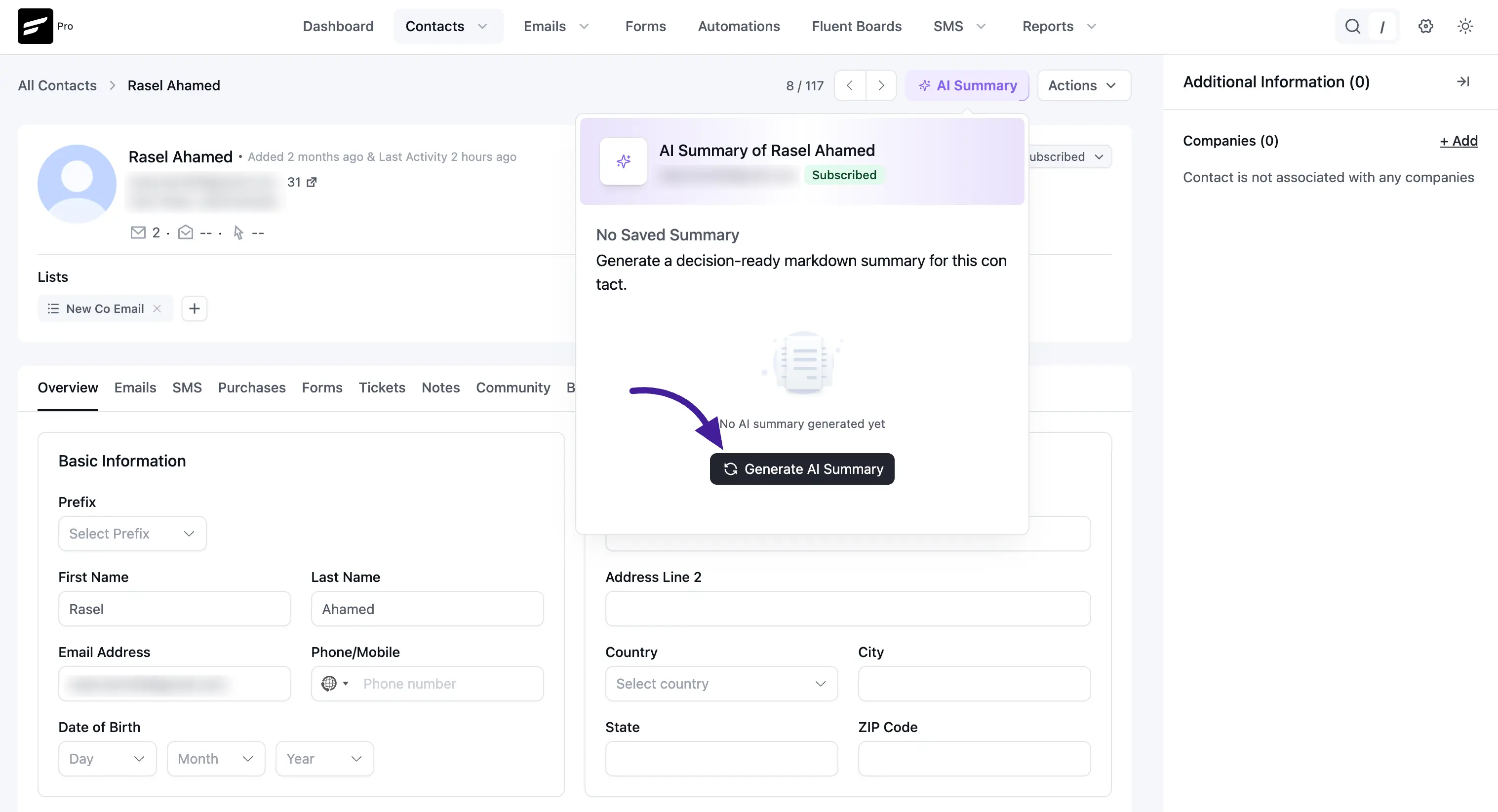 AI Summary popover showing No Saved Summary state with a Generate AI Summary button