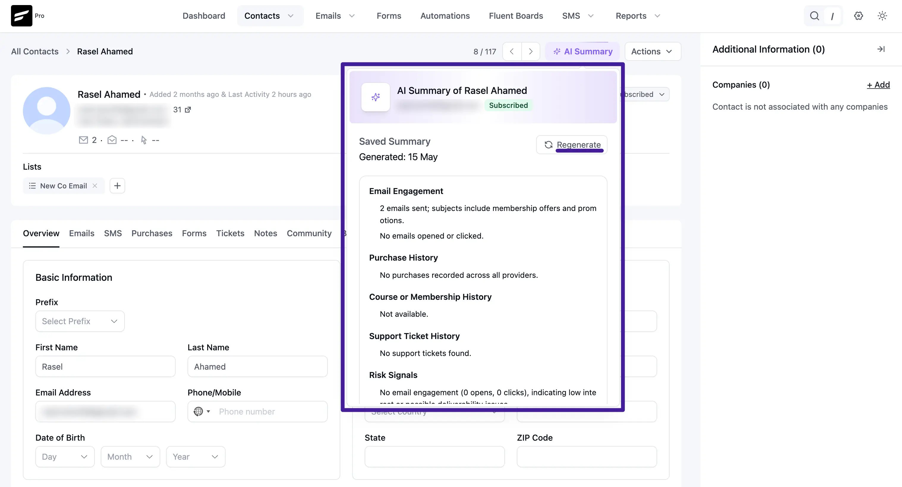 AI Summary popover with a saved summary covering Email Engagement, Purchase History, Course/Membership History, Support Tickets, and Risk Signals