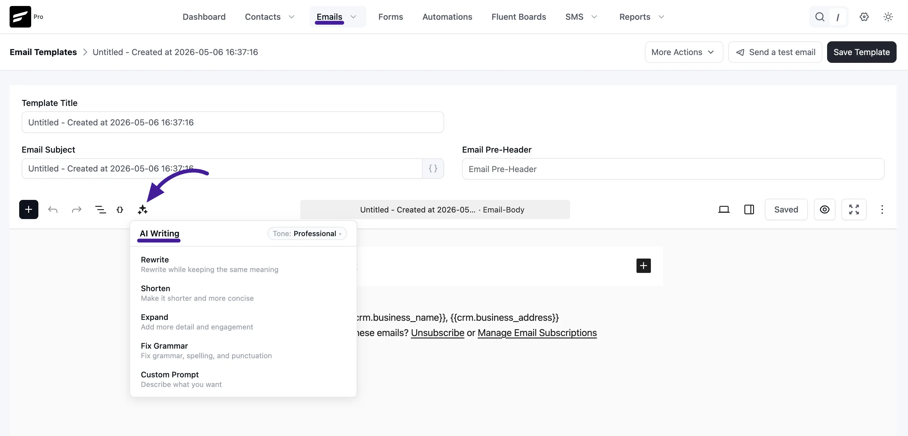 Email editor with the AI Writing menu open, showing Rewrite, Shorten, Expand, Fix Grammar, and Custom Prompt with a Tone selector