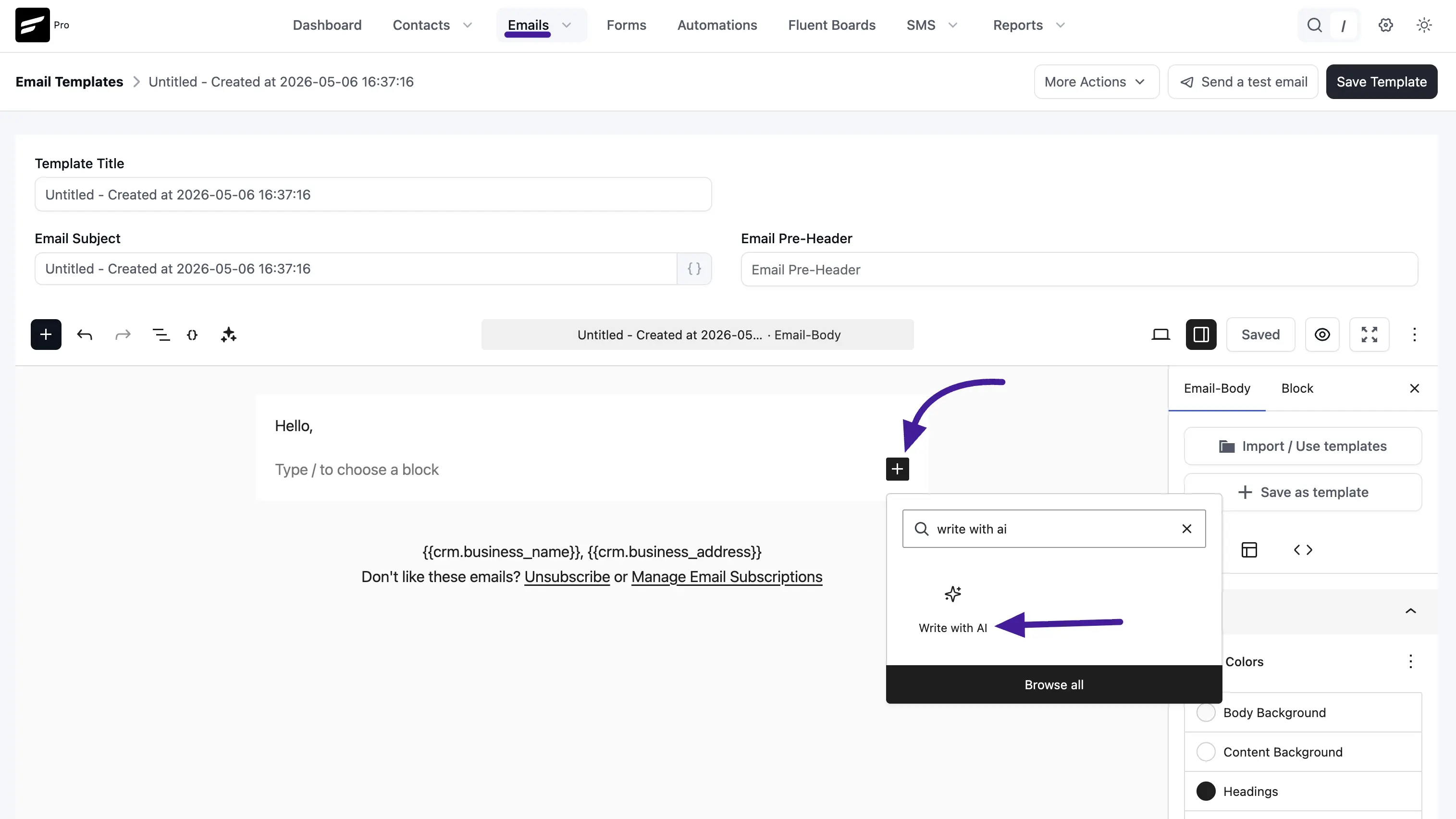 Email editor block inserter showing the Write with AI block