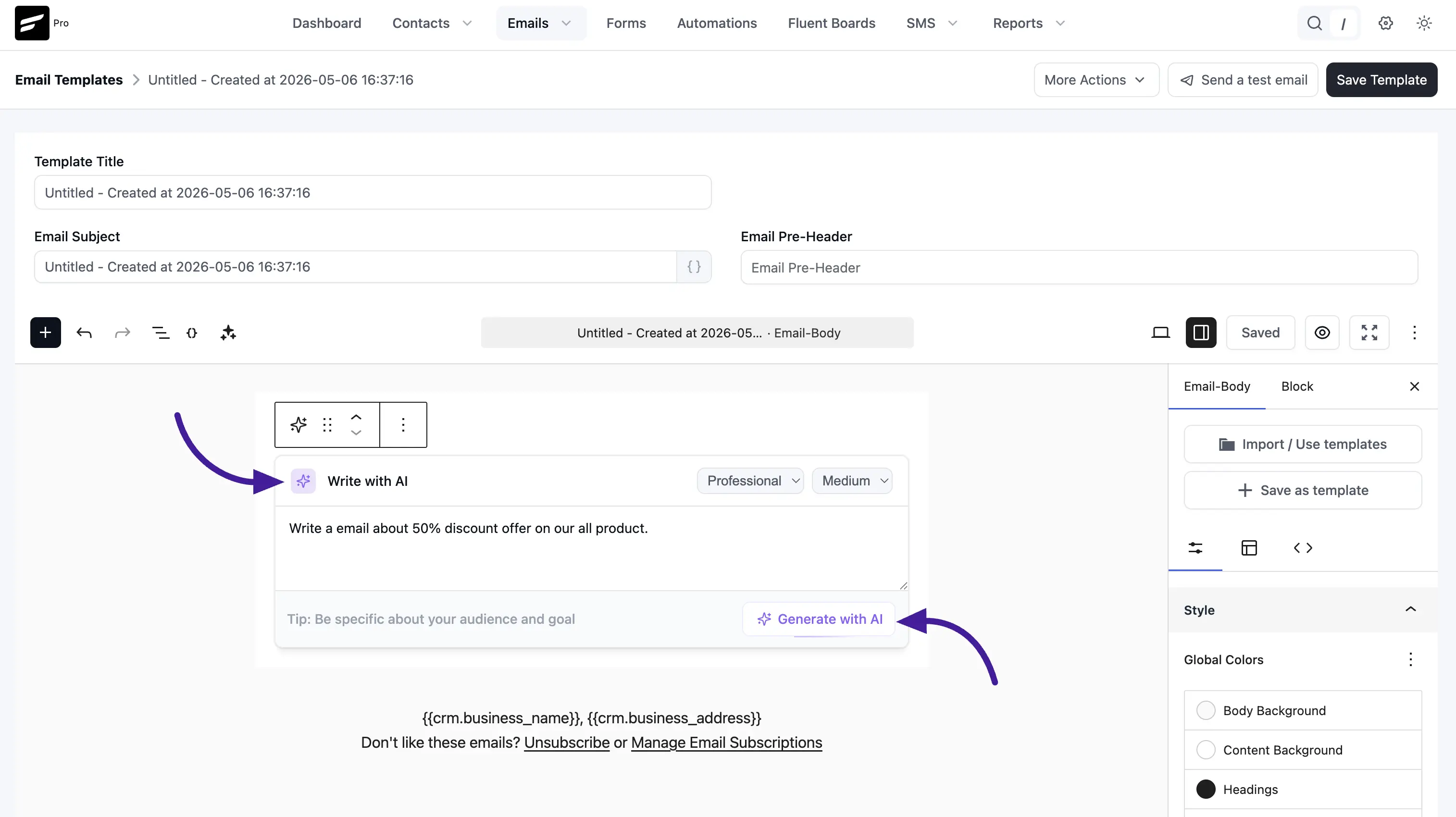 Write with AI block with a 50% discount prompt and Generate with AI button