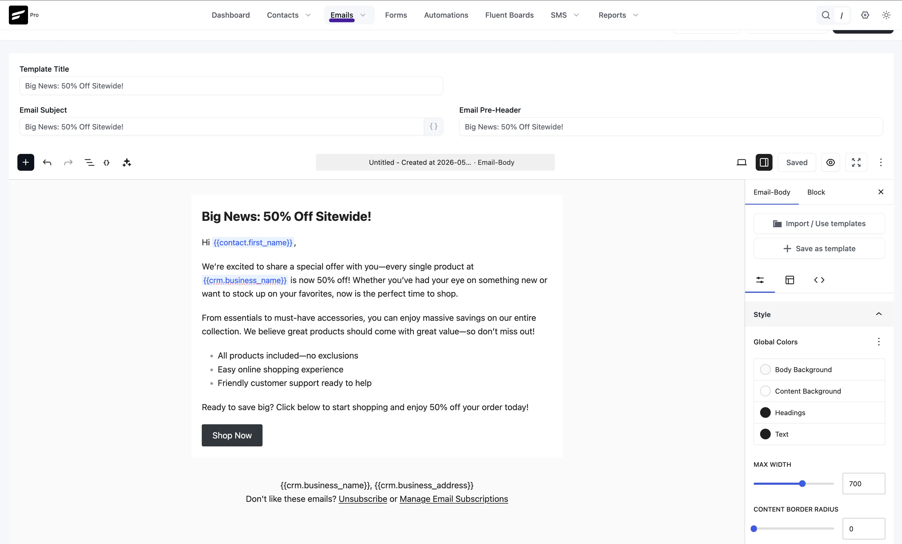 Email editor showing the AI-generated email with heading, copy, bullets, and a Shop Now button