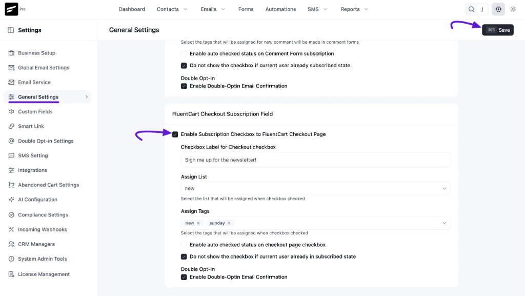 FluentCart Checkout Subscription settings in General Settings