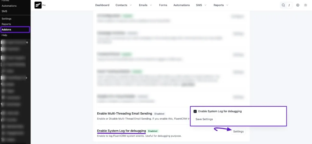 Enable System Log for debugging settings
