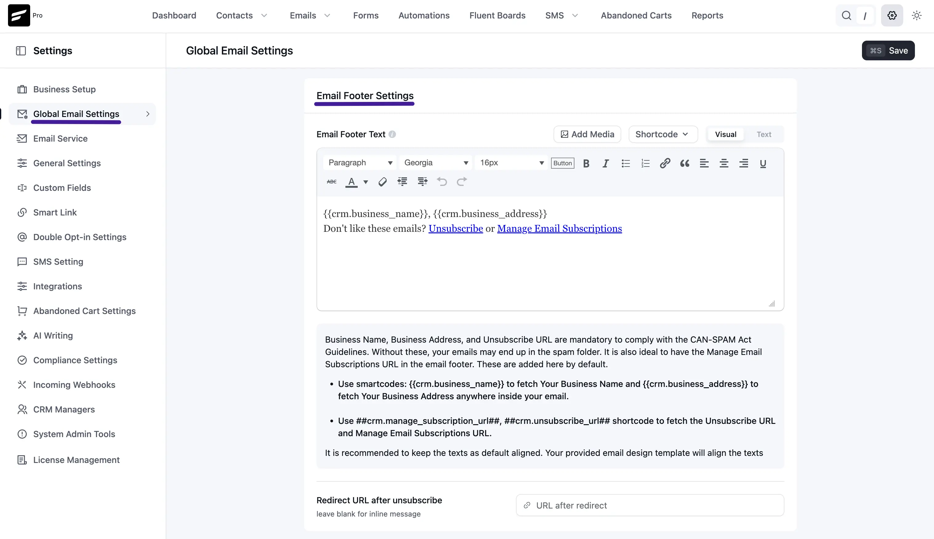 Global Email Settings — footer editor, compliance notes, and redirect