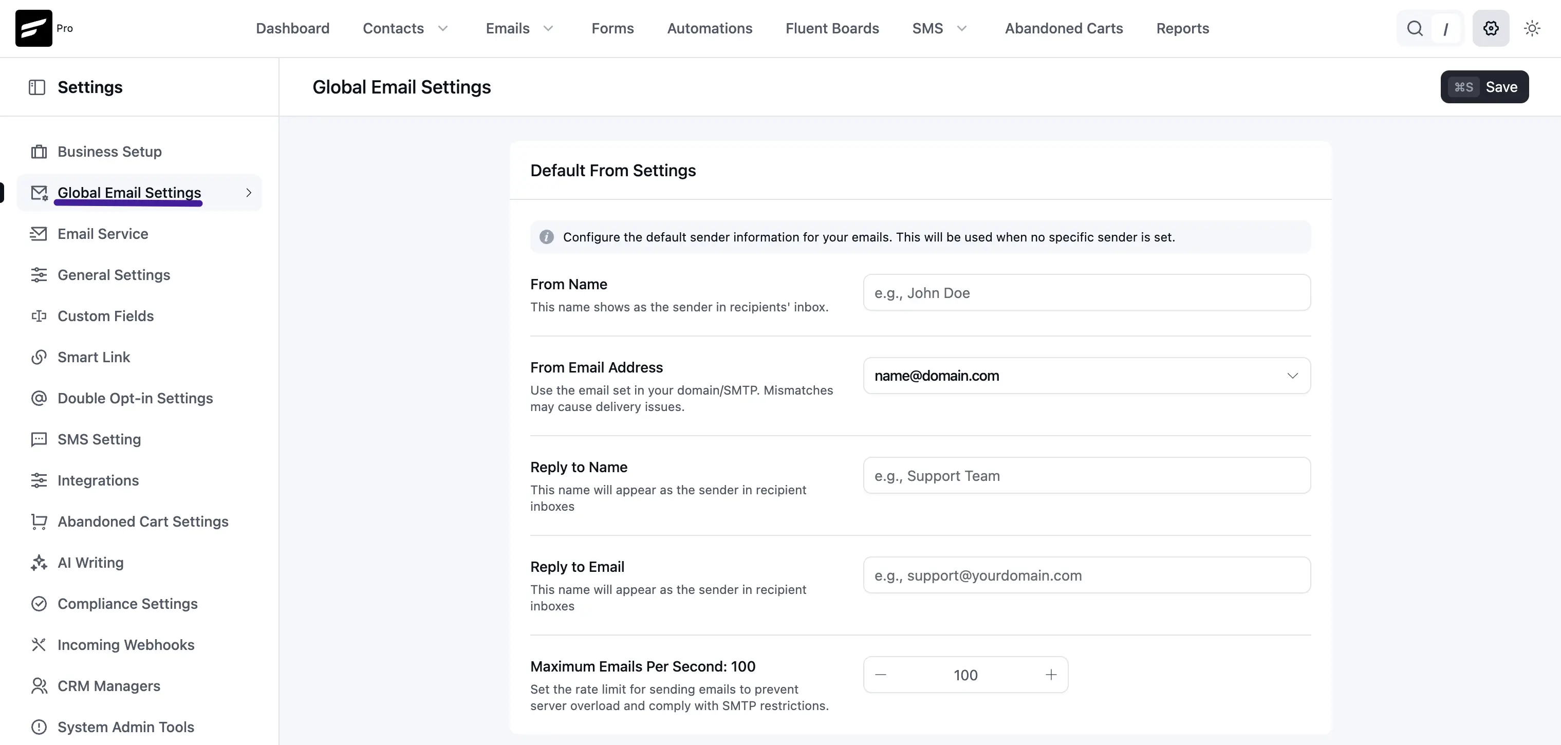 Global Email Settings — default sender fields