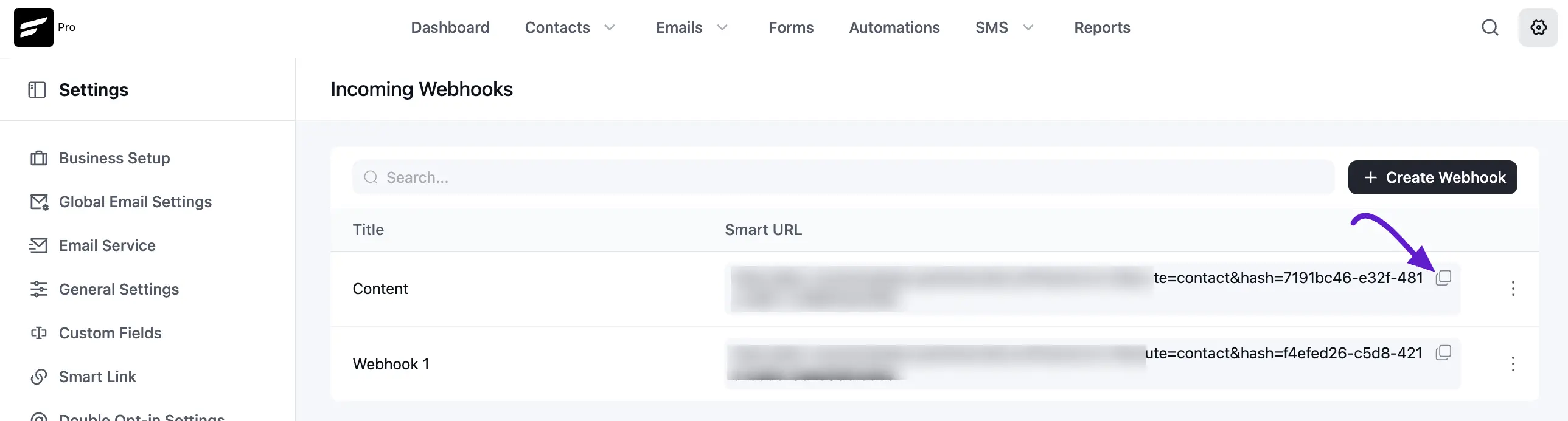 crm incoming webhook copy link