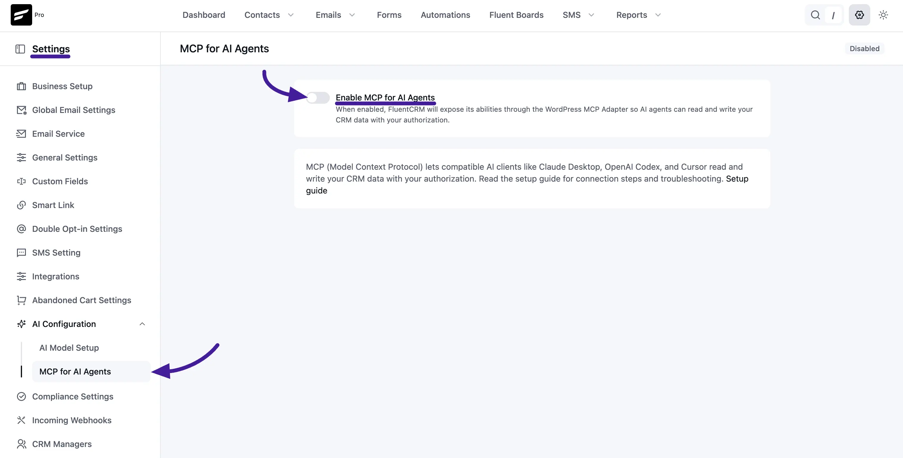 MCP for AI Agents page with the enable toggle highlighted in the sidebar