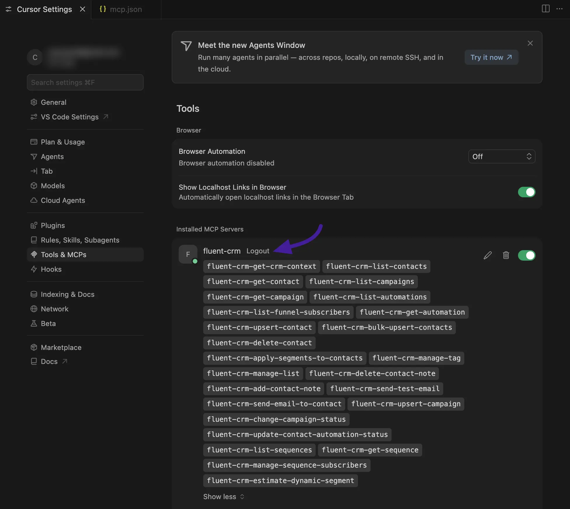 Cursor Tools & MCPs panel showing fluent-crm connected with the full list of available MCP tools