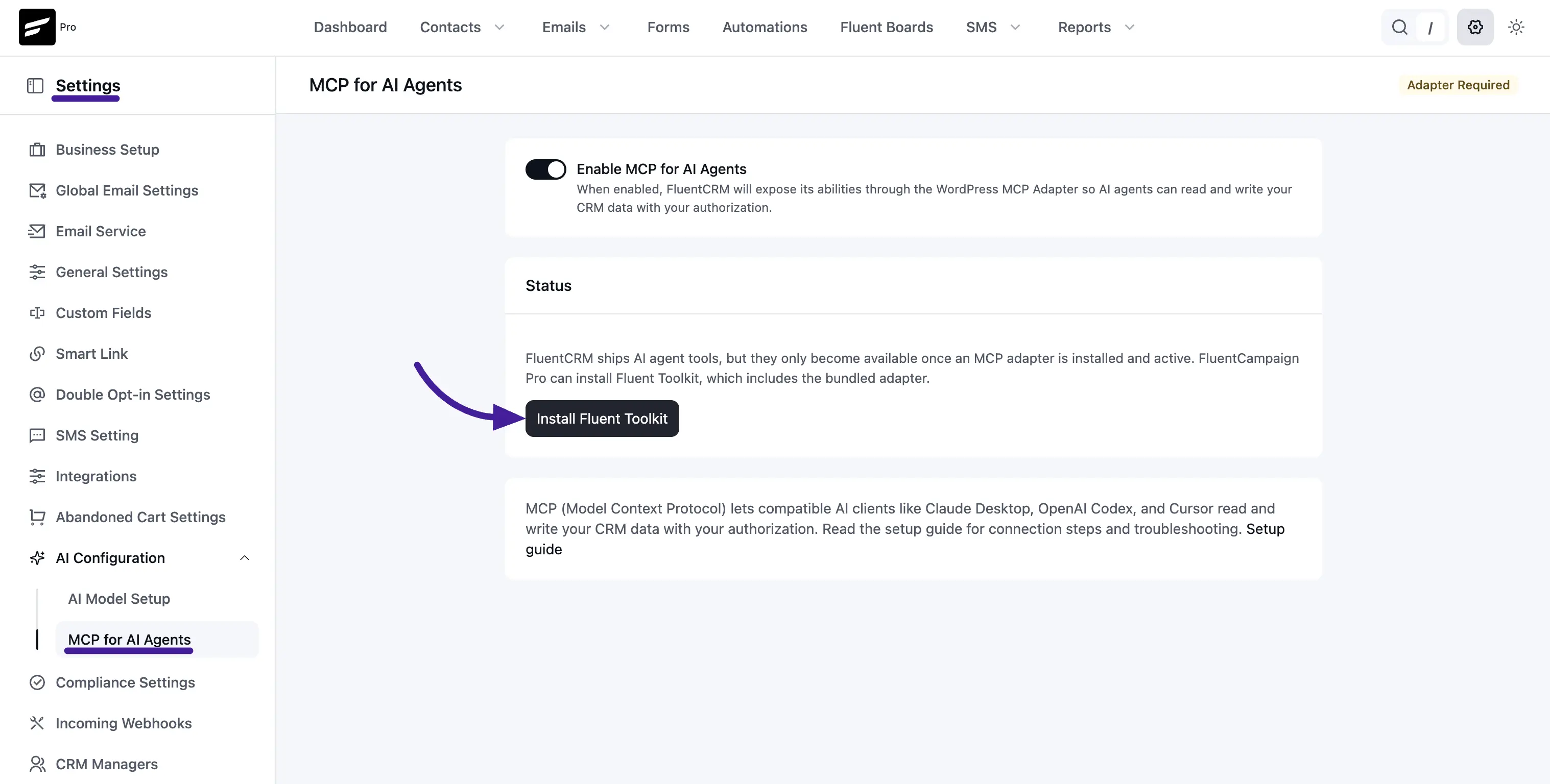 MCP for AI Agents page showing the Adapter Required state with the Install Fluent Toolkit button