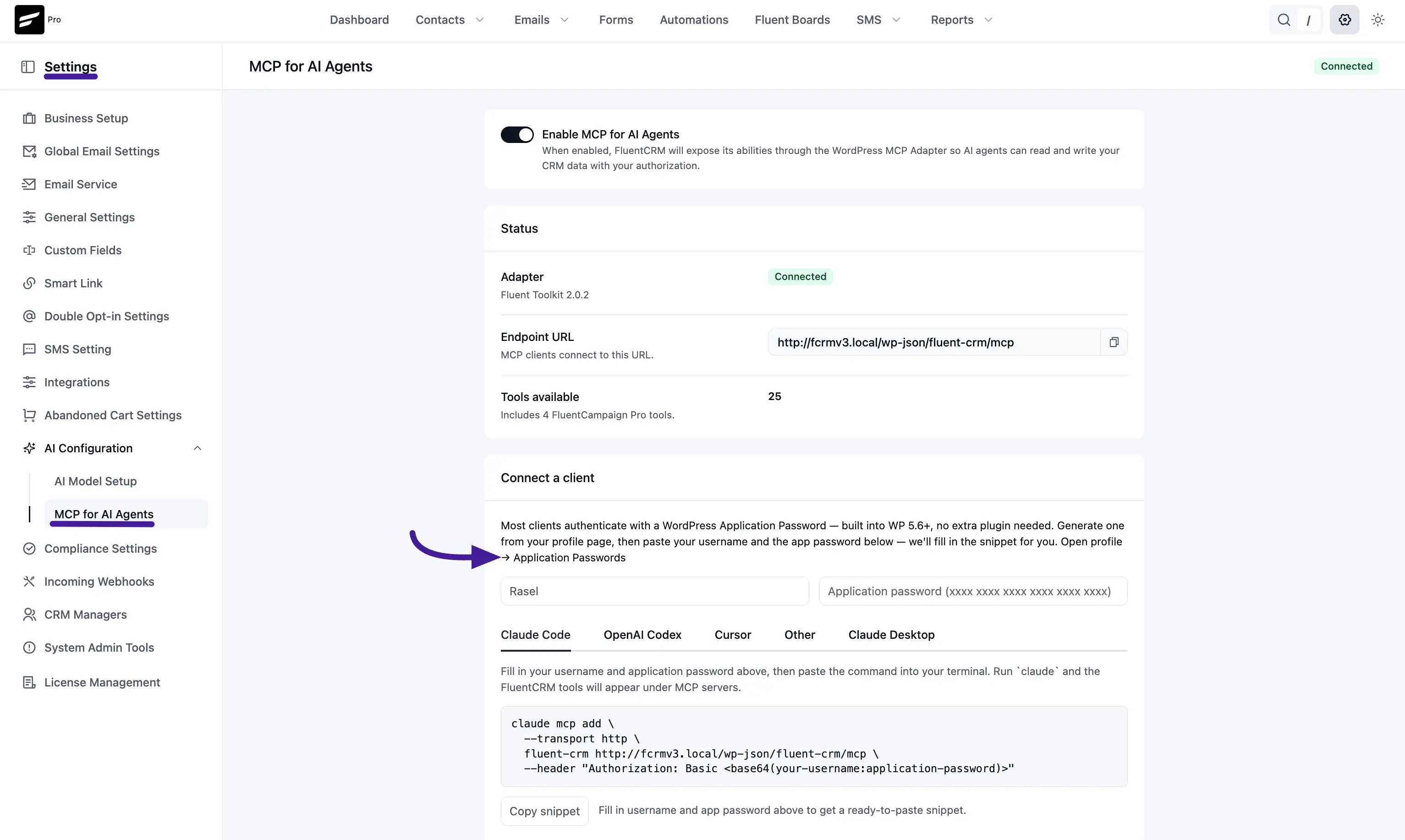 Connect a client panel with an arrow pointing to the Open profile Application Passwords link