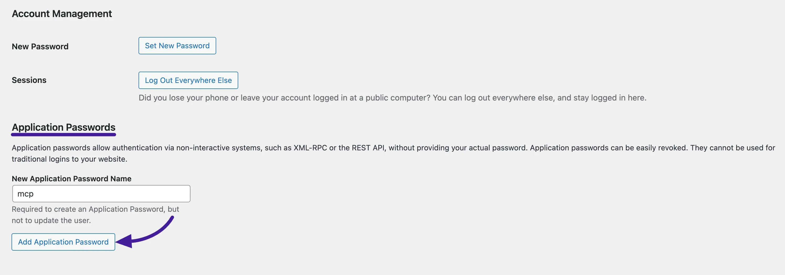 WordPress profile page showing the New Application Password field with mcp typed in