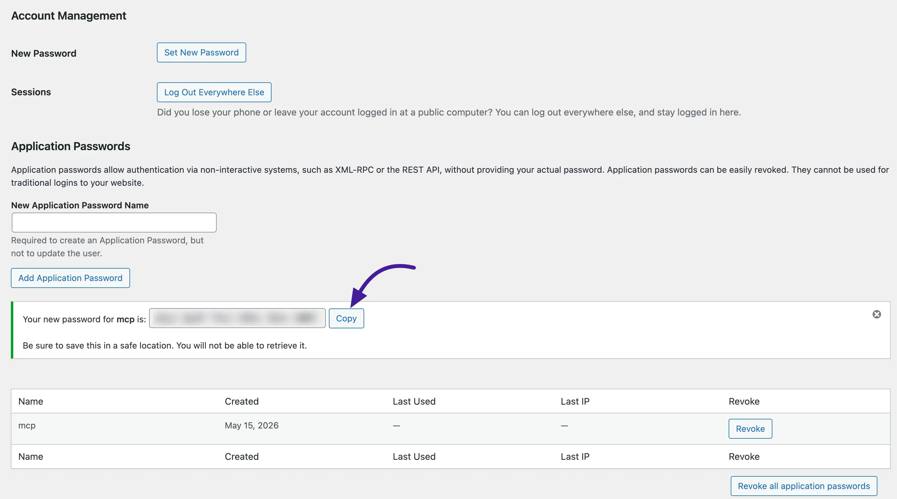 WordPress profile page showing the newly generated application password with the Copy button
