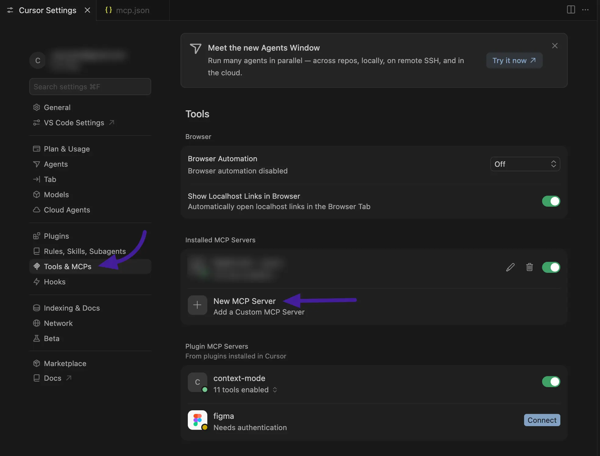 Cursor Settings showing the Tools & MCPs panel with New MCP Server highlighted