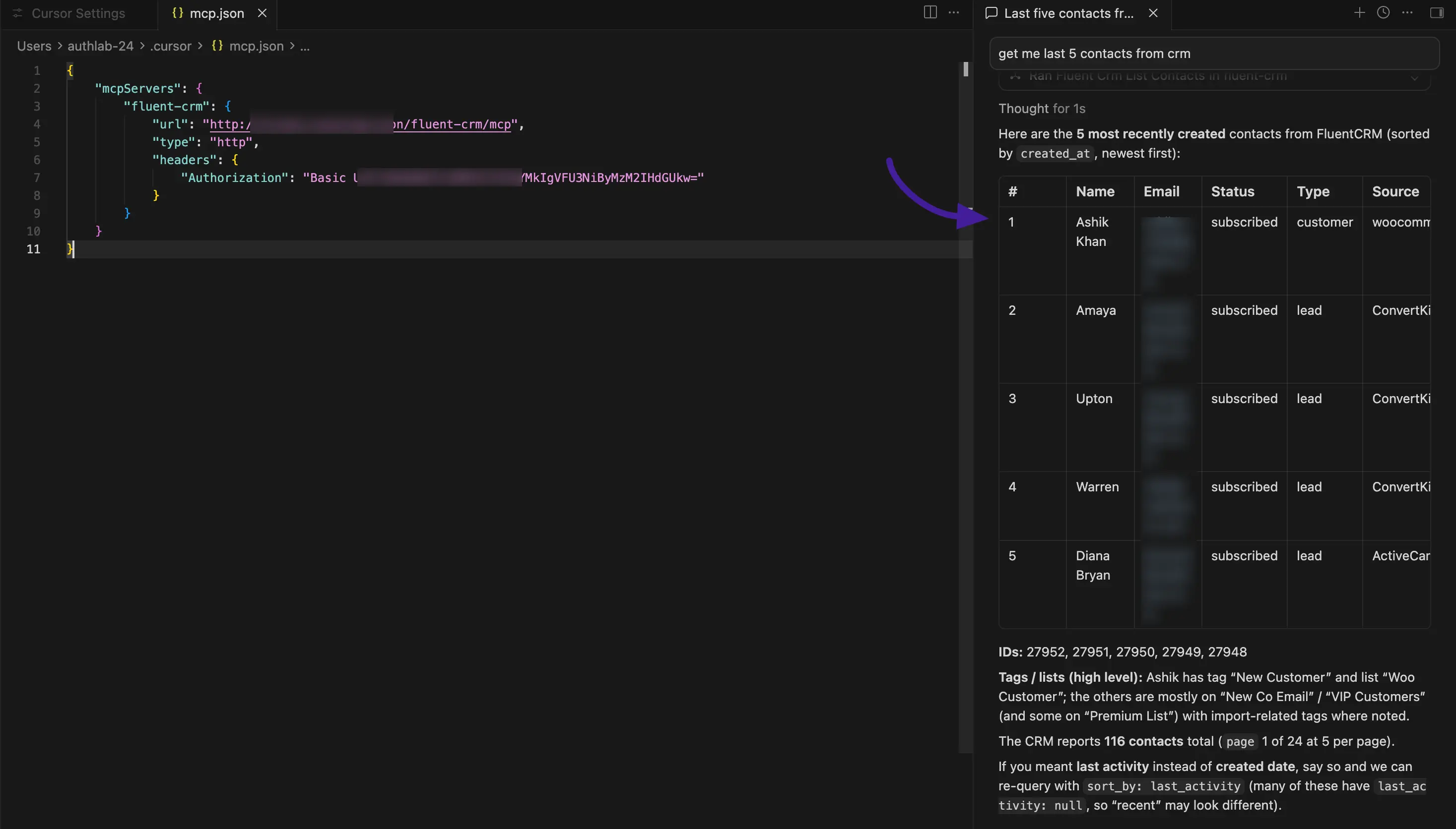 Cursor chat showing the AI returning the last five contacts from FluentCRM in a table