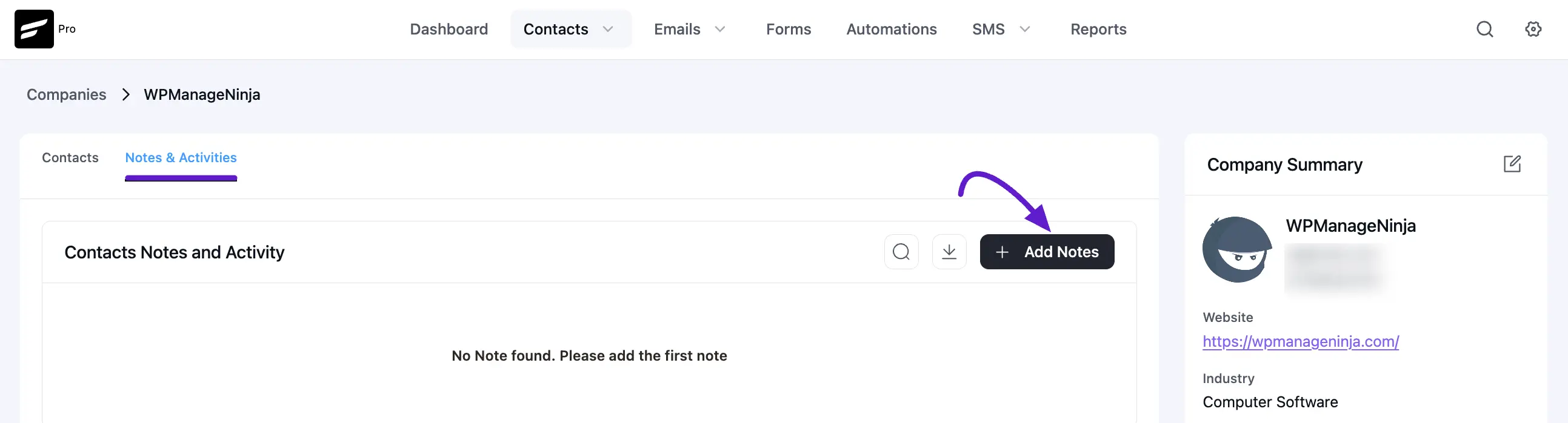 add new button under notes & activities
